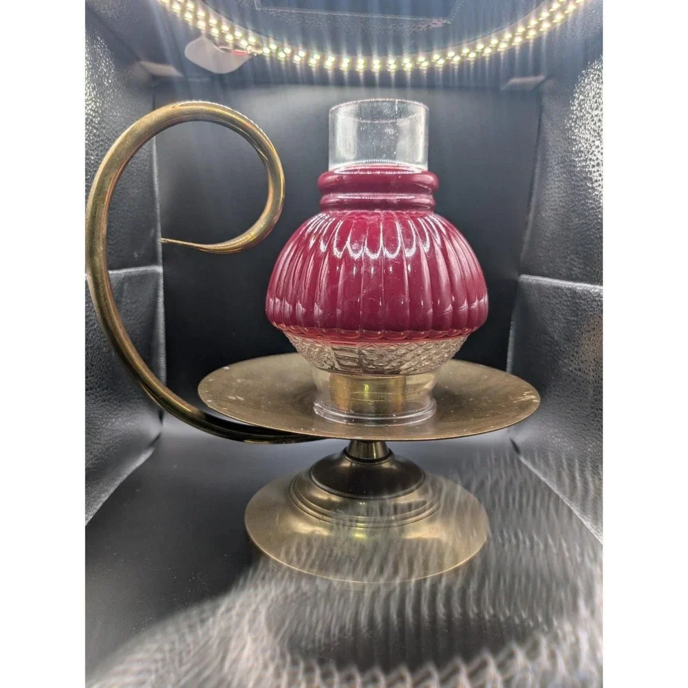 Hurricane Cranberry Glass And‎ Brass Oil Chamber Stick Lamp